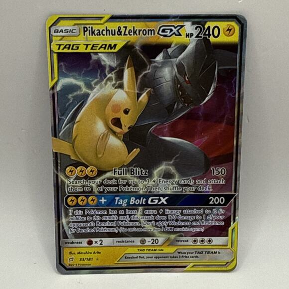Pokemon Pikachu & Zekrom GX Tag Team Holo Card 33/181 Ultra Rare HP - Picture 1 of 6